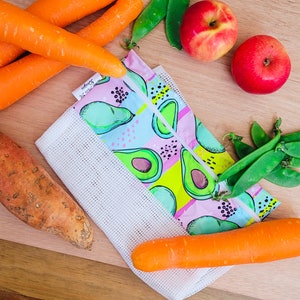lightweight cotton reusable produce bags | farmer market fruit and vegetable bags with zipper | fridge food storage & great gifts Avocado
