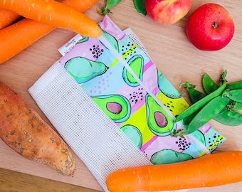 lightweight cotton reusable produce bags | farmer market fruit and vegetable bags with zipper | fridge food storage & great gifts Avocado