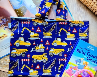 Library Bag for Back to School for kids and children, borrowed book back with zipper, Tote bag for books Trucksand diggers boy