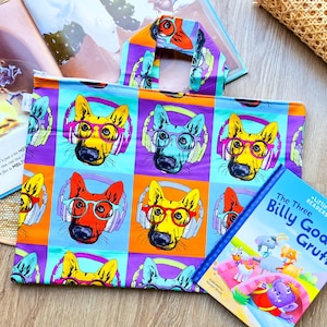 Sac de bibliothèque pour la rentrée des classes pour enfants et enfants, dos de livre emprunté avec fermeture éclair, sac fourre-tout pour livres Subwoofa chiens lumineux