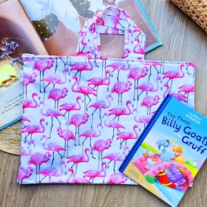 Bolsa de biblioteca para la vuelta al cole para niños y niñas, bolsa para libros prestados con cremallera, bolsa de mano para libros de niños y niñas. Flamingo