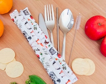 Personalized Reusable Cutlery & Reusable Straw waterproof Pouch On the go Travel Essentials zero waste gifts  Woodlands