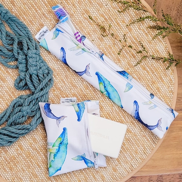 Travel Soap waterproof bag | travelling essential pouch zerowaste reusable  case with Toothbrush holder Whales animals