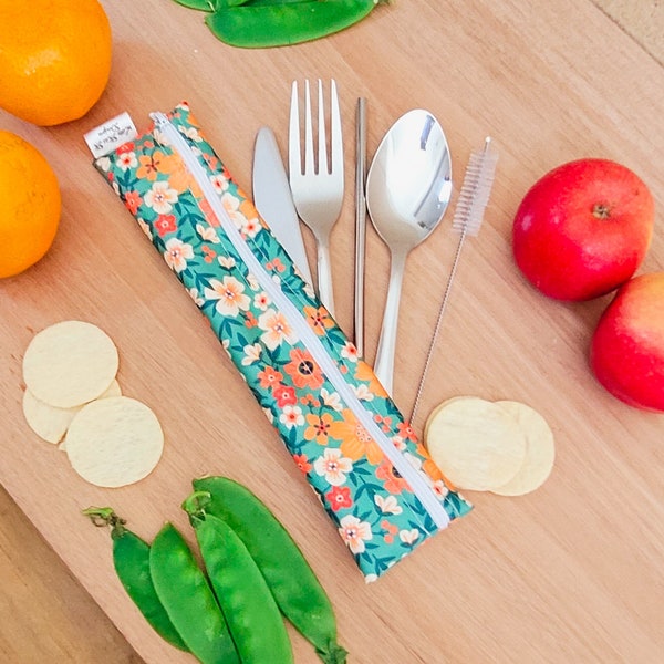 Personalized Reusable Cutlery & Reusable Straw waterproof Pouch On the go Travel Essentials zero waste gifts  Spring flowers