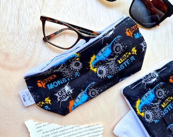 Glasses cases, Sunglasses pouch, spectacles cases, fabric padded sleeve for eyeglasses holder Kids monster trucks, boys