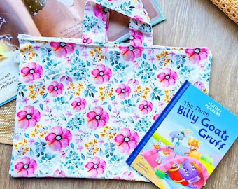 Library Bag for Back to School for kids and children, borrowed book back with zipper, Tote bag for books  Summertime flowers girl