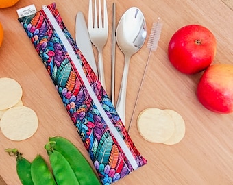 Personalized Reusable Cutlery & Reusable Straw waterproof Pouch On the go Travel Essentials zero waste gifts Birdy Purple