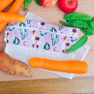 lightweight cotton reusable produce bags | farmer market fruit and vegetable bags with zipper | fridge food storage & great gifts Llama