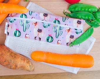 lightweight cotton reusable produce bags | farmer market fruit and vegetable bags with zipper | fridge food storage & great gifts Llama