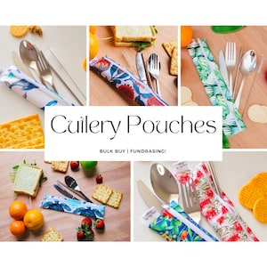 May include: A set of colourful fabric pouches with a variety of floral and tropical patterns. Each pouch contains a set of cutlery, including a fork, knife, and spoon. The pouches are ideal for carrying your own cutlery when you're out and about.