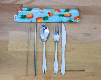 Personalized Reusable Cutlery & Reusable Straw waterproof Pouch On the go Travel Essentials zero waste gifts  Pineapples bright