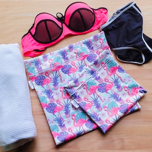 Sac de natation et humide imperméable Flamingo personnalisé | Séparez les vêtements mouillés et secs | Cours de natation, vêtements sales, école pour enfants,