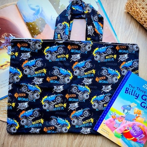 Sac de bibliothèque pour la rentrée des classes pour les enfants et les enfants, dos de livre emprunté avec fermeture éclair, sac fourre-tout pour livres Monster Trucks