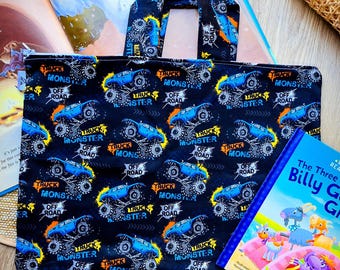 Bolsa de biblioteca para la vuelta al cole para niños y niñas, funda para libro prestado con cremallera, bolsa de mano para libros Monster Trucks