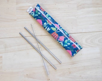 Reusable Straw Pouch Set,  Travel, stainless straw, Work, bag, navy natives, leaves, zipper