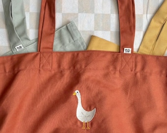 Handmade Embroidered Goose Market Tote Bag | Organic Cotton Canvas Bag