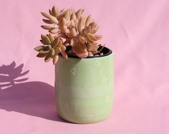 Handmade Stoneware Green Triangles Planter | Australian Handcrafted Pottery