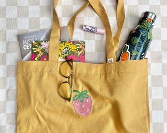 Handmade Embroidered Strawberry Market Tote Bag | Organic Cotton Canvas Bag