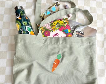 Handmade Embroidered Carrot Market Tote Bag | Organic Cotton Canvas Bag