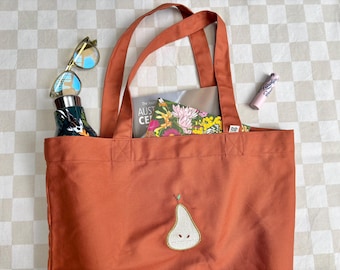Handmade Embroidered Pear Market Tote Bag | Organic Cotton Canvas Bag