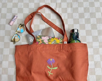 Handmade Embroidered Flower Market Tote Bag | Organic Cotton Canvas Bag
