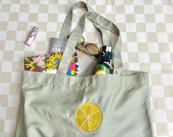 Handmade Embroidered Lemon Market Tote Bag | Organic Cotton Canvas Bag