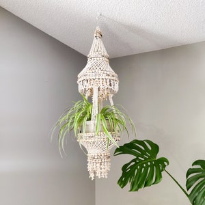 May include: A hanging plant holder made of woven natural materials and adorned with seashells. The plant holder is suspended from the ceiling and holds a green plant. The design is bohemian and adds a touch of coastal decor.