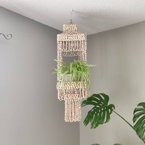 May include: A hanging plant holder made of natural seashells. The holder has a tiered design with a cylindrical top and bottom, and a central section holding a green plant. The seashells are strung together, creating a decorative, bohemian style.
