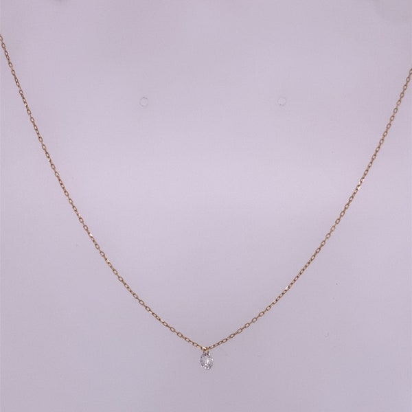 18k Yellow Gold Thin Rolo Necklace W/ Round Diamond Stone Pendant