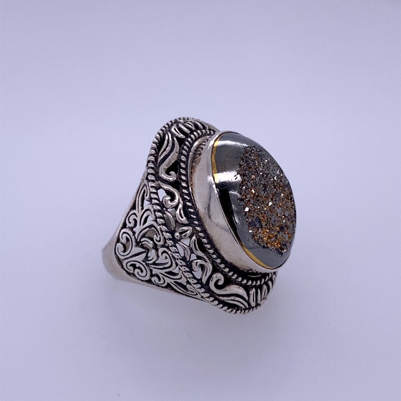 925 Sterling Silver Custom Gold Flake Vintage Ring - image 4