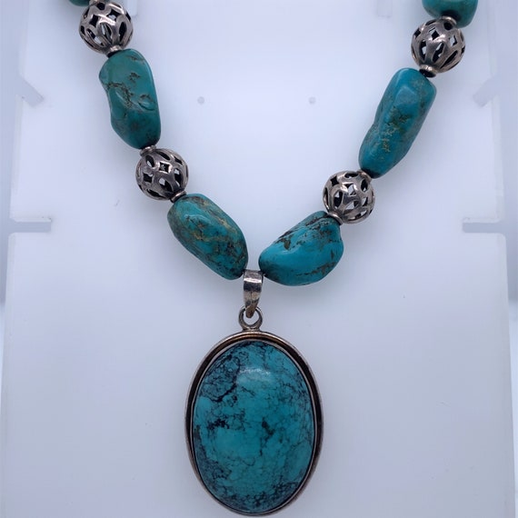925 Silver Vintage Turquoise Necklace With Turquo… - image 1