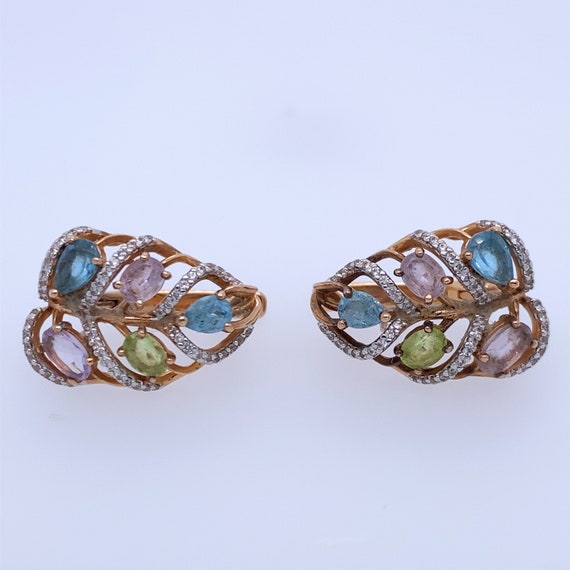 14K Rose Gold Earrings, With Oval Shape Colored S… - image 1