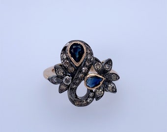 Sapphire Rose Gold Ring/14k/Rose Gold/Diamonds/Flower Design