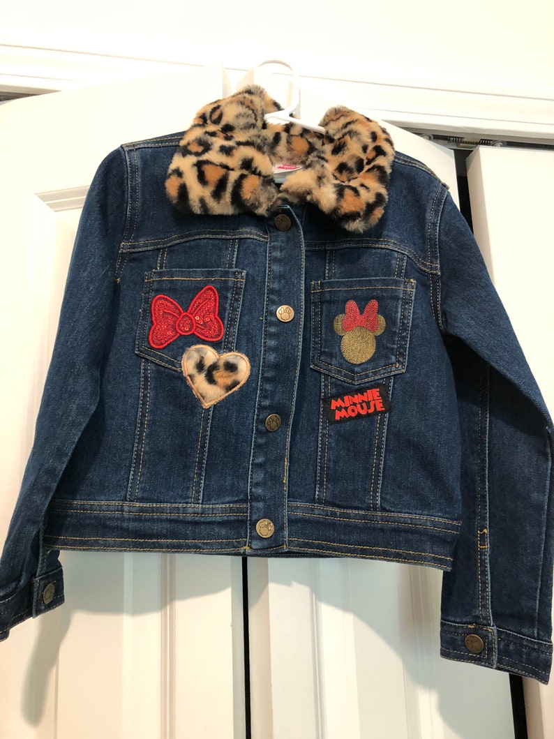 Toddler Custom \u201cLeopard Minnie \u201cDenim Patchwork Embellished Jean Jacket