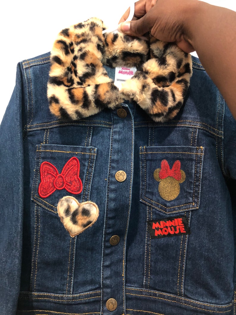 Toddler Custom \u201cLeopard Minnie \u201cDenim Patchwork Embellished Jean Jacket