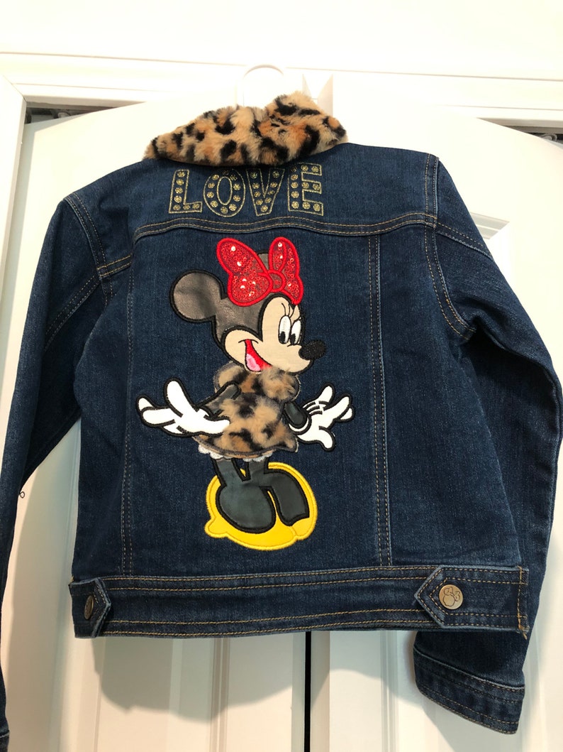 Toddler Custom \u201cLeopard Minnie \u201cDenim Patchwork Embellished Jean Jacket