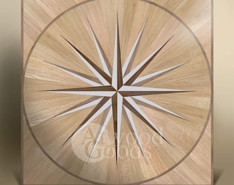 Square wood floor inlay "Hudson 4", Wooden compass inlay, Star wood medallion, Parquet flooring, AtwoodGoods, Handmade craftmanship.