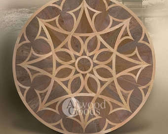 Japanese Style Wood Floor Medallion &#39;Ronin&#39; – Intricate Geometric Inlay, Solid Oak Parquet Centerpiece, Luxury Handmade Flooring Design