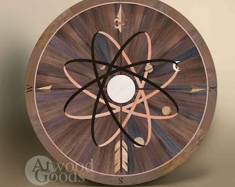 Wood Floor Compass Rose Inlay &quot;Solar Family&quot; – Luxury Hardwood Medallion for Elegant Interiors, Nautical & Astronomical Design