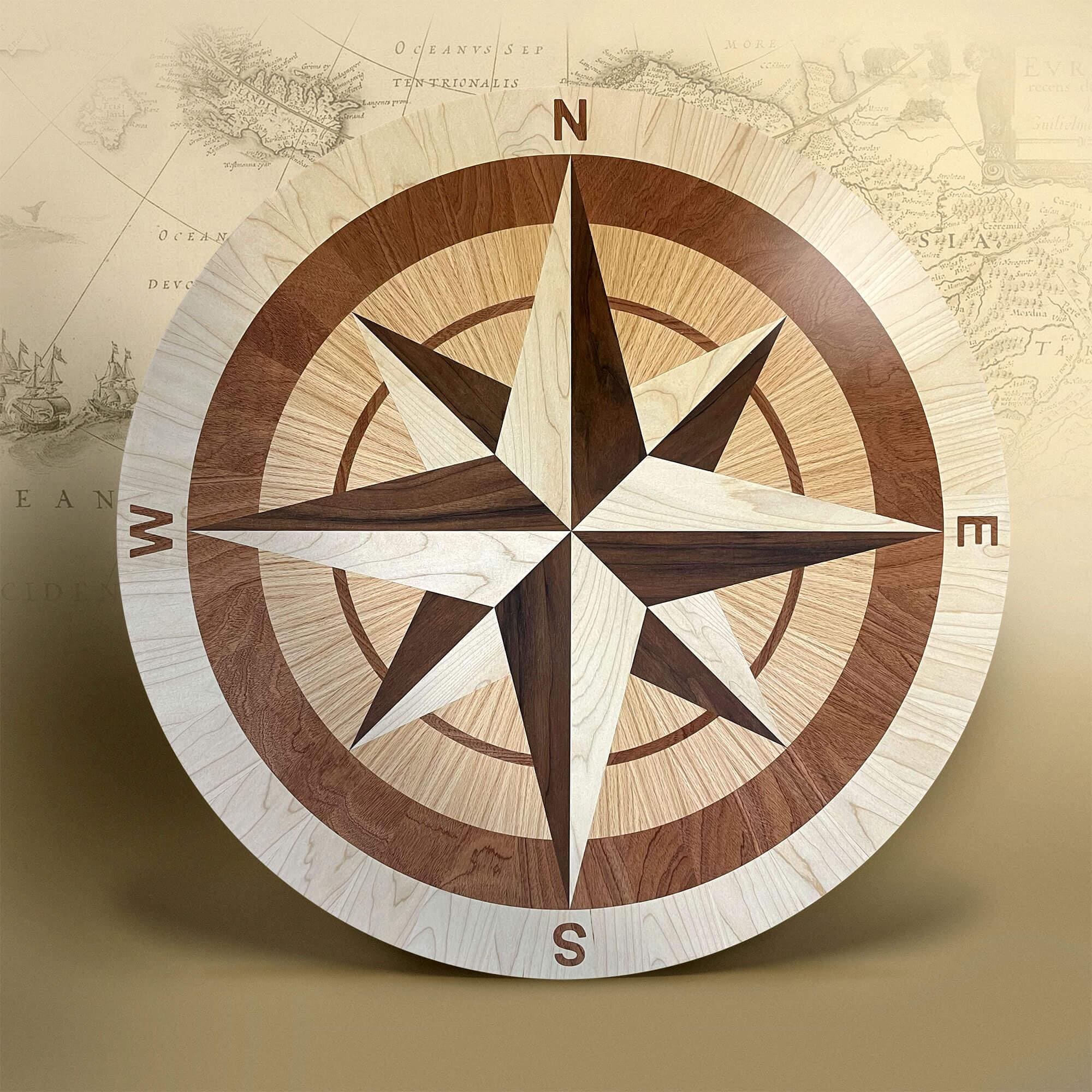 Wood floor medallion "Bay" - Compass rose inlay - Wooden floor medallion - AtwoodGoods - Hand-selected premium wood species - Handmade