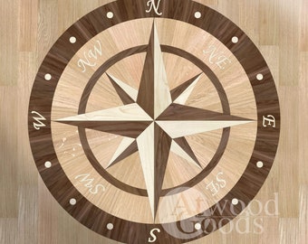 Wood floor medallion "West Point"  Wood floor inlay Compass rose inlay Hardwood medallion inlay Table desk top Nautical AtwoodGoods Handmade