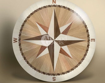 Wood floor medallion &quot;Laguna&quot; - Compass rose inlay - Nautical style - Marine theme - Table desk - Parquet Floor idea - Hardwood - Handmade