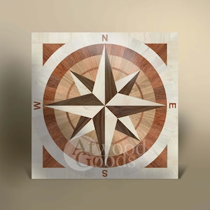Wood floor inlay &quot;Bay Four&quot; - Floor compass rose - Hardwood floor medallion - Engenireed wood - Square inlay - Wood table top - AtwoodGoods