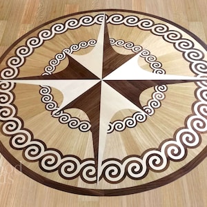 &quot;Kompassrose Bodenmedaillon &quot;&quot;Hellenic Star&quot;&quot; – Massivholz-Einlegearbeit – Massivholz-Einlegearbeit – Hartholz-Keramik –Bodenschmuck –Bodenschmuck.&quot;