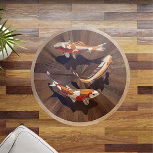Holz Boden Medaillon &quot;&quot;Drei Koi&quot;&quot; - Holz Bodeneinlage - Japanische Fische Koi Intarsien - AtwoodGoods - Handgefertigt.&quot;