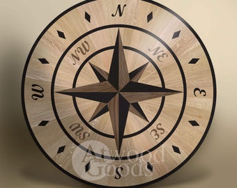 Wood compass inlay &quot;Admiral&quot; - Wooden floor inlay - Floor medallion - Compass rose medallion - Nautical inlay - Natural wood - Handmade