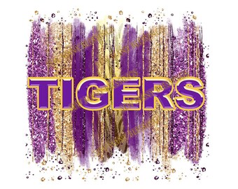 Digital Tigers Purple and Gold Faux Glitter Grunge Sublimation Digital Design Download PNG