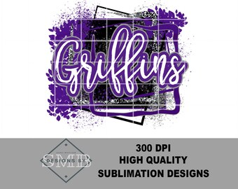 May include: Purple and white text that says "Griffins" in a stylized font. The text is surrounded by a black and white square with a purple border. The background is a white splatter pattern.
