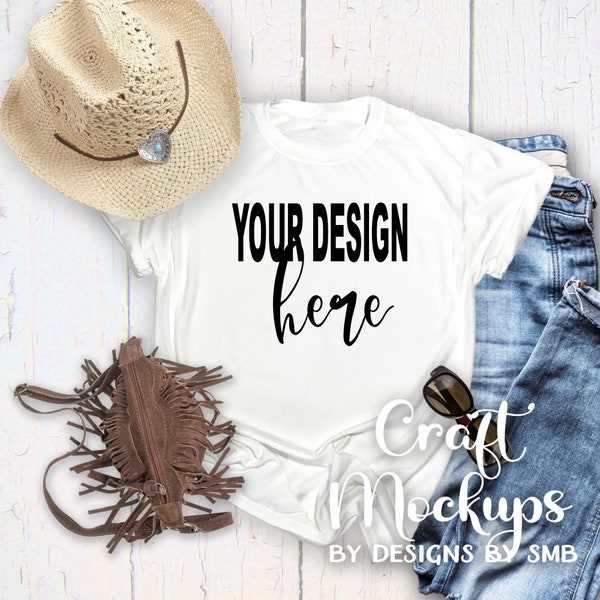 Jerzee 21MR White Tshirt MOCKUP | White tee | Flat Lay | White Rustic Wood | Cowgirl hat | Fringe Purse | Mockup for Sub, HTV, Screens,