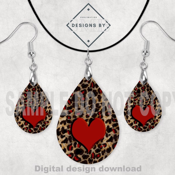 Digital Set of Teardrop Earrings, Valentines, Heart, Red and black Leopard print, Sublimation png, Halebound Teardrop Earrings and pendant